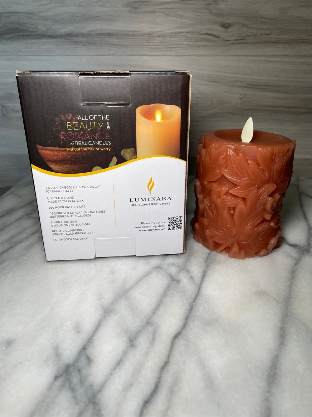NIB- Luminara Embossed Real Wax Flameless LED Pillar Candle,Leaves, Caramel Cafe - Picture 8 of 9